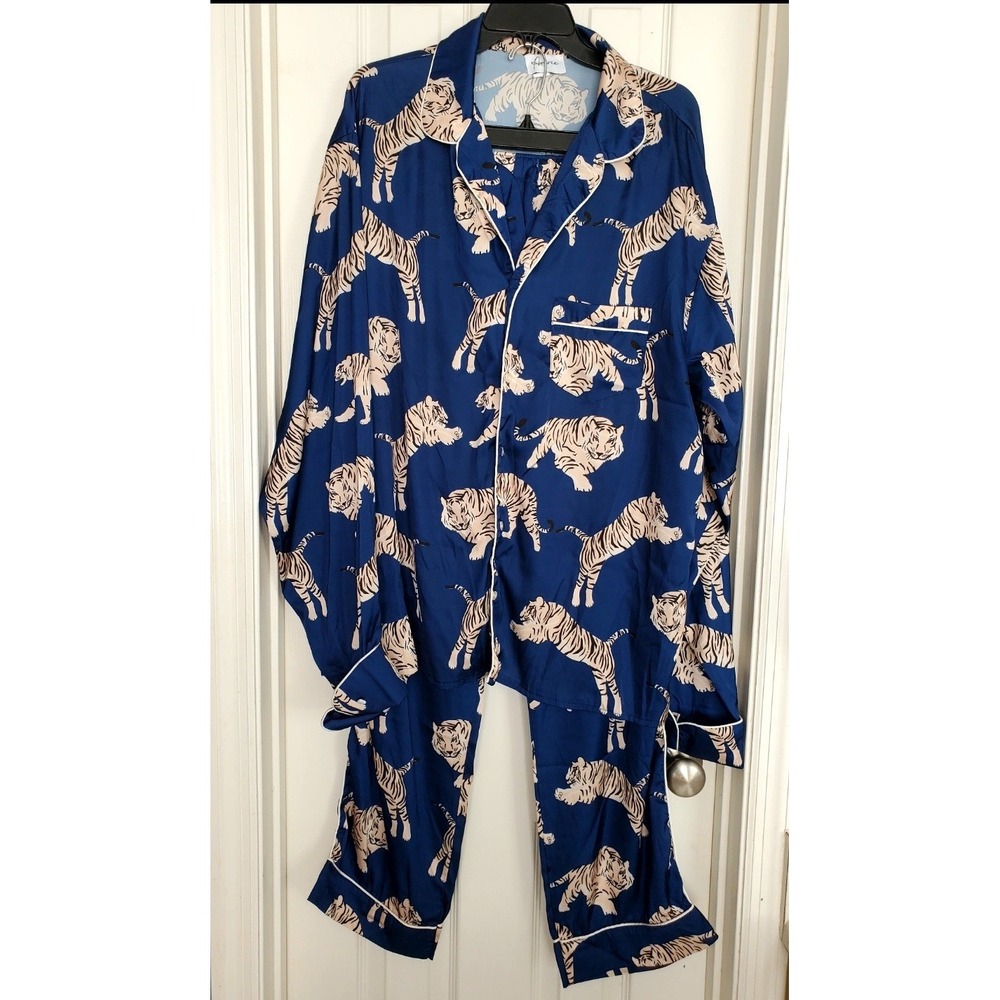 Anthropologie Navy Satin Tiger-Print Pajama Set